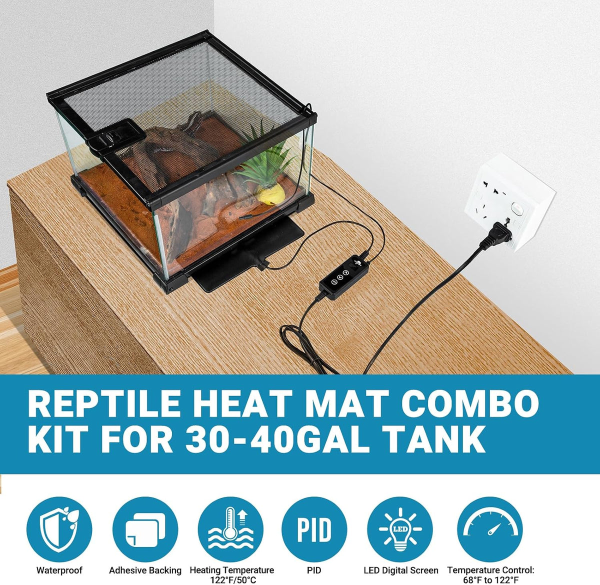 Reptile Heat Pad with Dimming Thermostat, 8" X 12" 16W Heating Pad Combo Set for 30-40 Gallon Reptile Tank, Under Tank Heater for Reptiles, Turtle, Snake, Lizard, Hermit Crab, Frogs, Seed