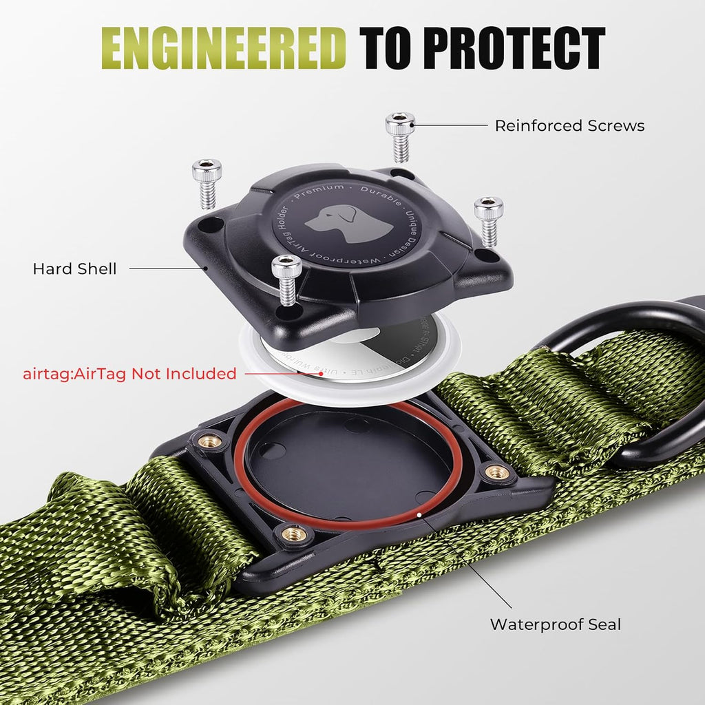 Tactical AirTag Dog Collar with Holder for Medium Large Dogs, Green, L