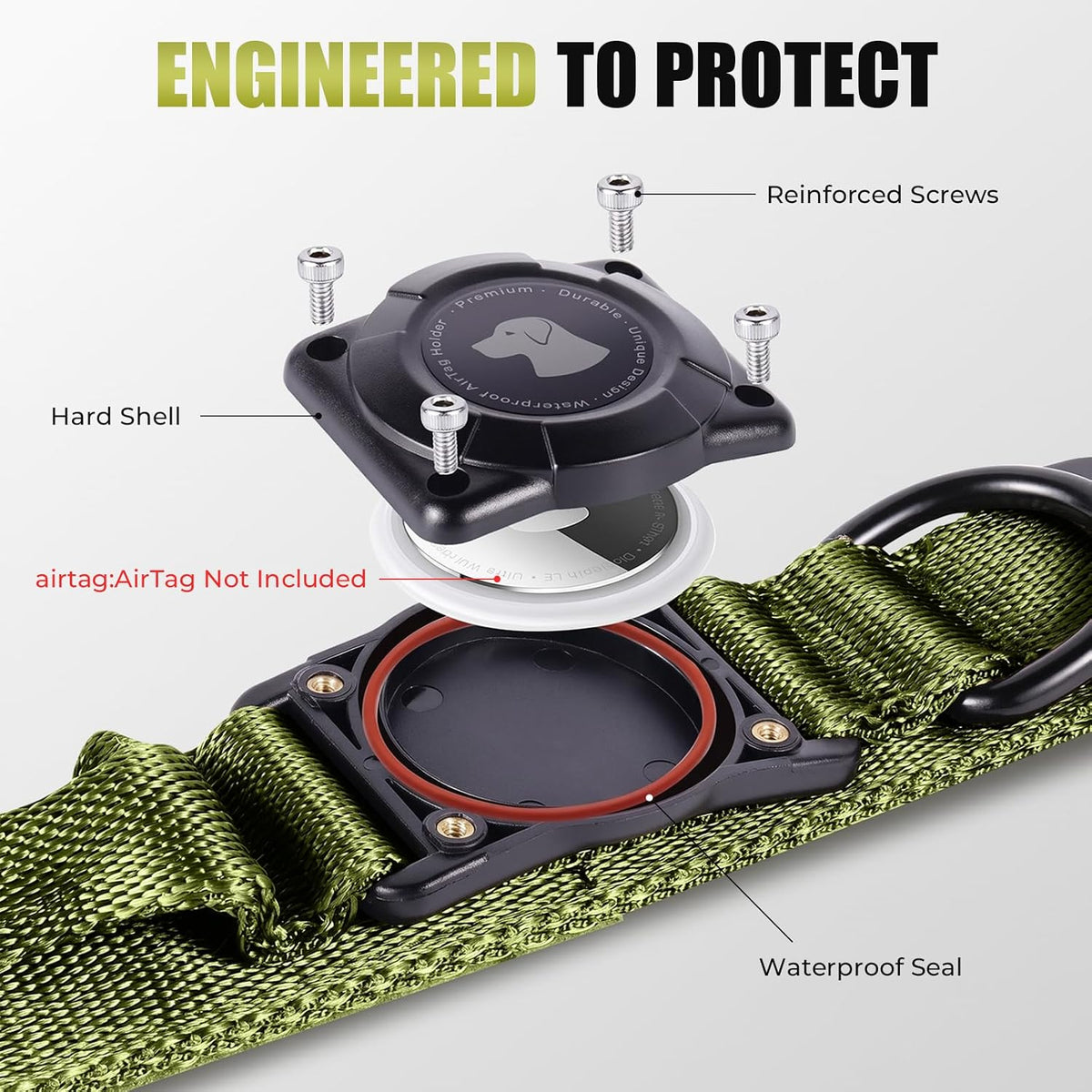 Tactical AirTag Dog Collar with Holder for Medium Large Dogs, Green, L