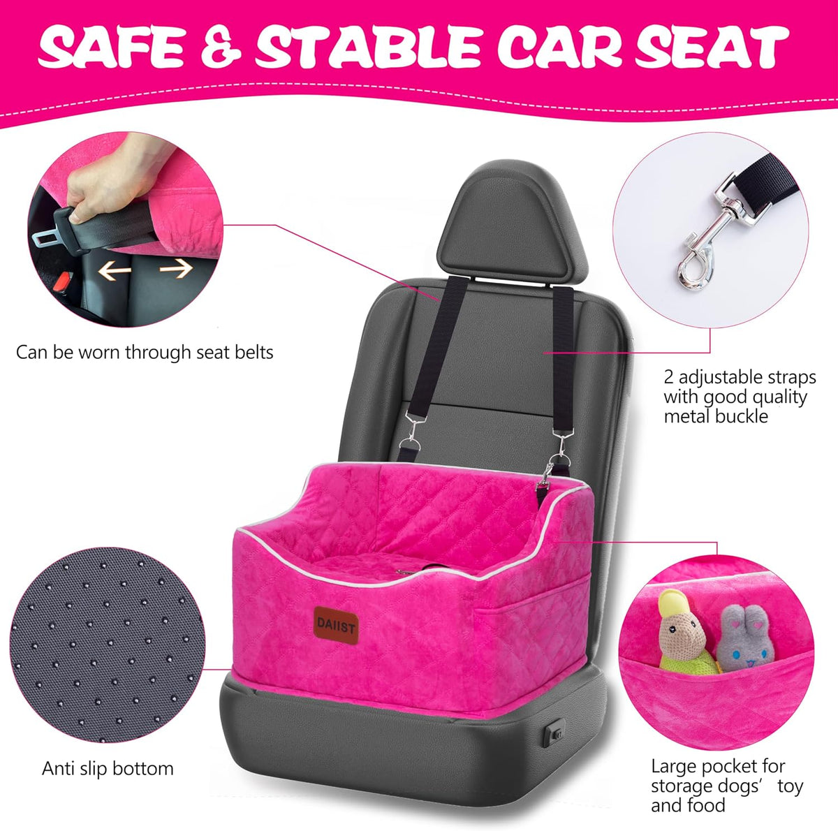 Dog Car Seat for Small Medium Dogs, Detachable Washable Dogs Booster Seat Under 35lbs, Elevated Dog Car Bed with Storage Pockets (Dark Grey, One Size)