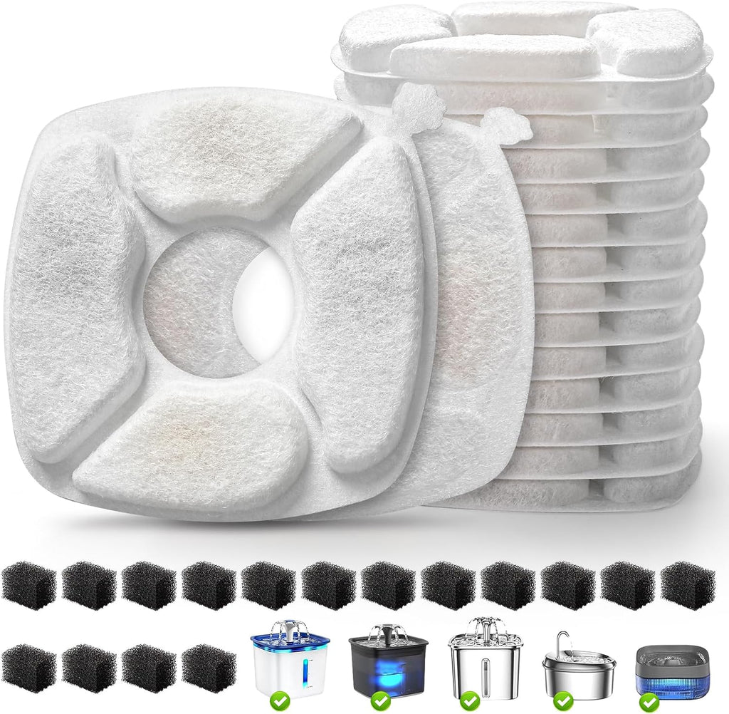 32 Pcs Cat Water Fountain Replacement Filters-16 Pack Cat Fountain Filters with 16 Pack Sponges, Enhanced Compatibility Pet Fountain Filter Fit for 95oz/2.8L 135oz/4L 67oz/2L Pet Drinking Fountain