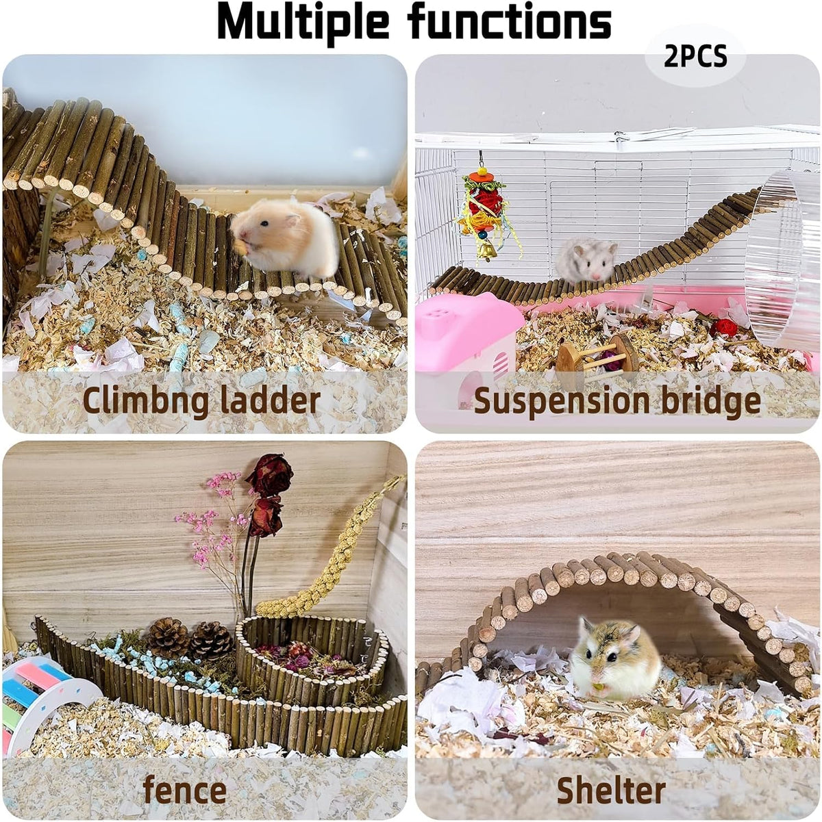 2-Pack Rat Bendy Long Suspension Bridges 19.7 x 2.7 Inch Hamster Climbing Ladder Flexible Wooden Bridge for Dwarf Hamster Sugar Glider Rodents Mouse