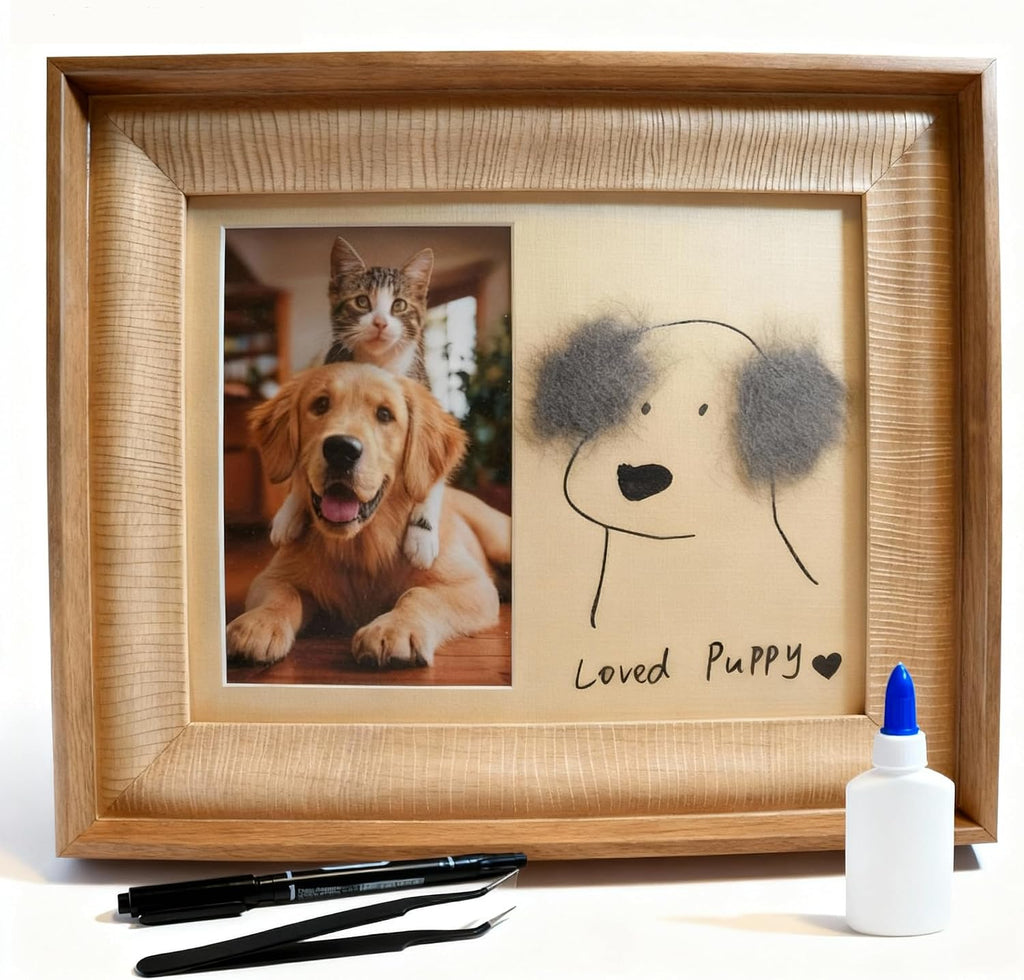 Pet DIY Frame with Hair Paste kit-DIY Memorial Keepsake for Cats and Dogs. Ideal Home Decoration and Gift. Pet Fur Keepsake kit with Customization Tool, Wooden Photo Print Frame. (Small)
