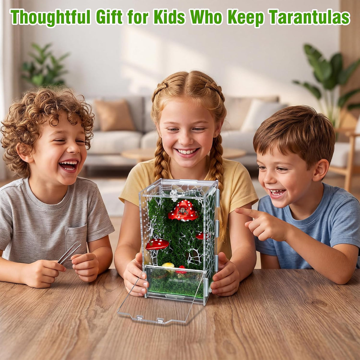 Escape-Proof Jumping Spider Enclosure Kit, Clear Acrylic Terrarium with Micro Vents and Front Opening, 3D Printed Detachable Magnetic Mushroom Hide Decor for Jumping Spiders, Tarantulas & Mantis