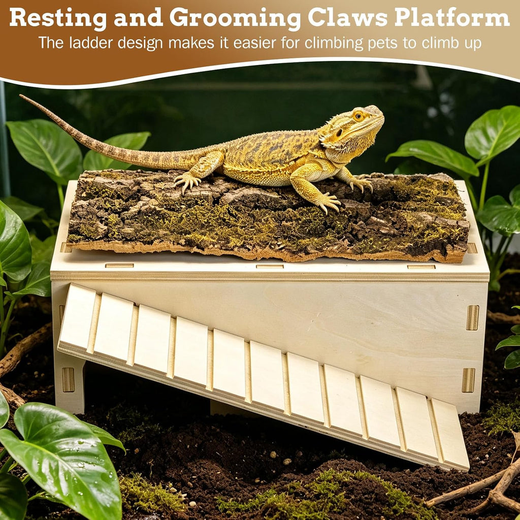 Bearded Dragon Basking Platform,Wood Reptile Hide Cave with Bark(L)