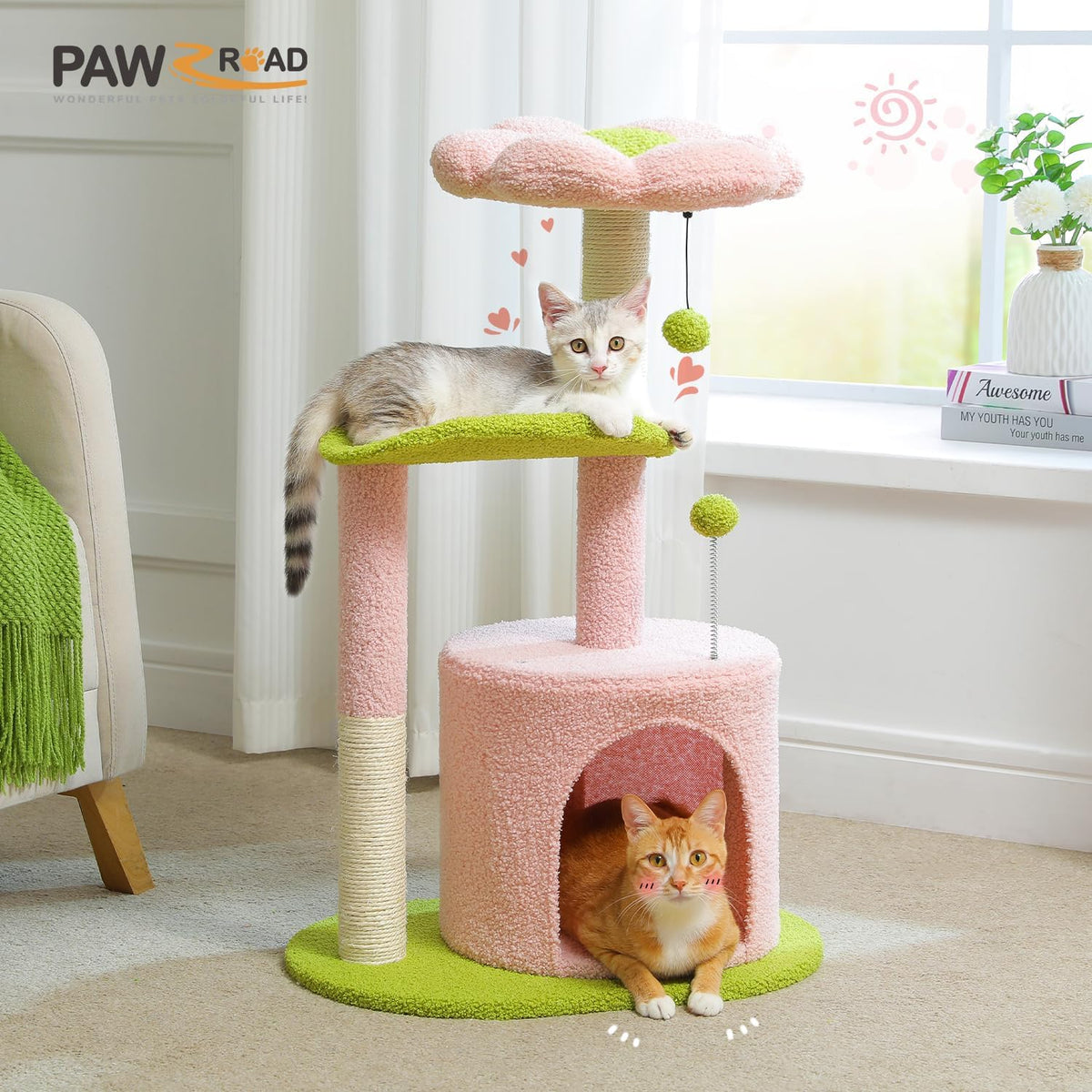 PAWZ Road Flower Cat Tree 32" Small Cat Tower with Curved Perch Bed