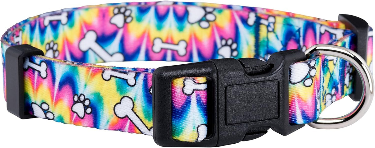 Native Pup Tie Dye Dog Collar, Paws and Bones Hippie Tiedye for Medium Dogs (Medium)