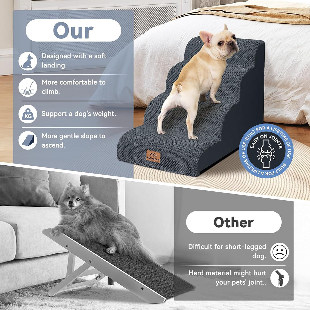 Zerbuger Dog Ramp and Stairs for Bed, Dark Grey 4 Steps 20" H, Nonslip