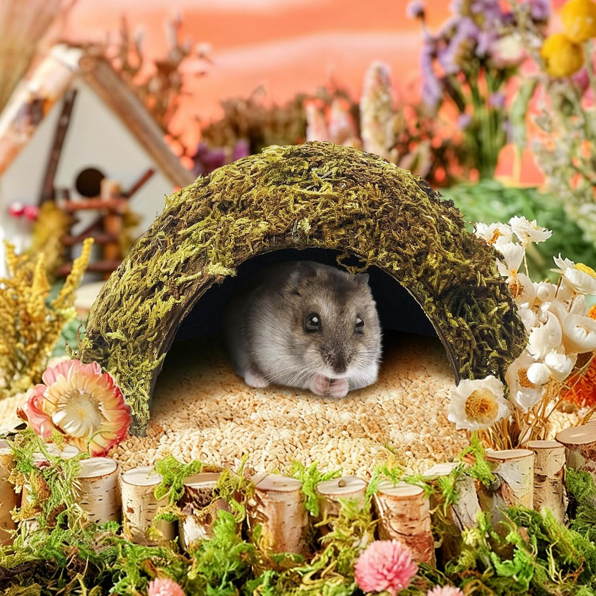 BNOSDM Hamster Hideout 2Pcs Natural Mossy Cave Houses