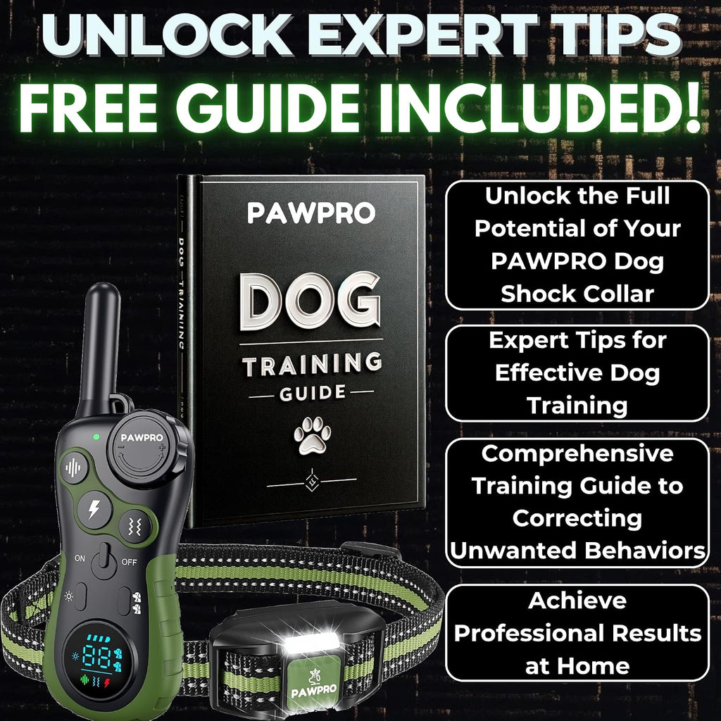 PAWPRO Dog Shock Collar with Remote, US Edition Training Collar, 4-Mile Range, Night Light, Beep, Vibration & 1-99 Shock, Waterproof & Rechargeable, Fits All Dogs, 30-Day Training Guide (Green)