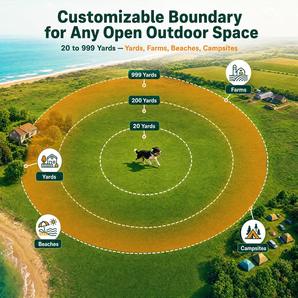 GPS Wireless Dog Fence System, Dual-Band Electric Pet Containment Boundary Collar with 20-999 Yard Adjustable Radius, No App or Subscription Needed, IPX7 Waterproof Training Collar for Dogs