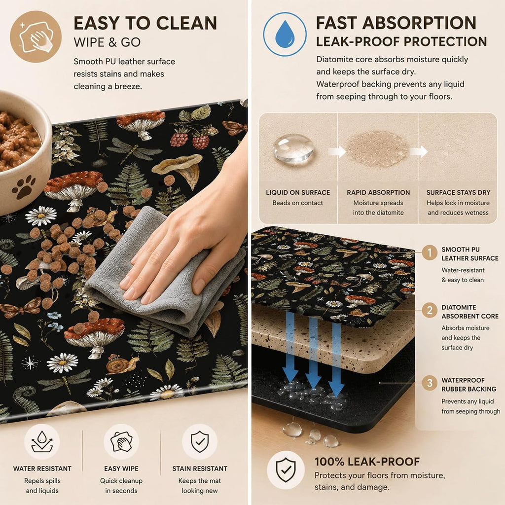 Diatomite Pet Feeding Mat, Absorbent PU Leather Dog Cat Bowl Mat for Smart Fountains Messy Drinkers, Non-Slip Multi-Layer Floor Protector,20x12in(Mushroom Forest Pattern)