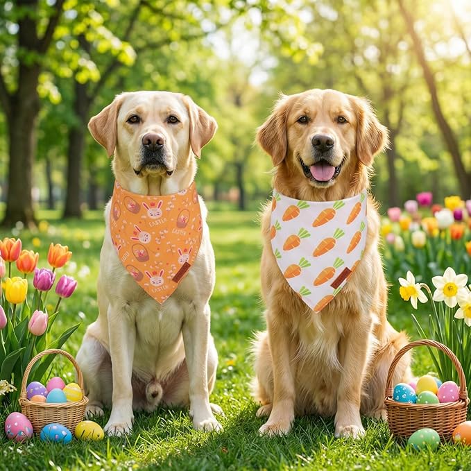 PTDECOR Easter Dog Bandana 2 Pack, Reversible Rabbit Carrot Dog Scarf - Image 3