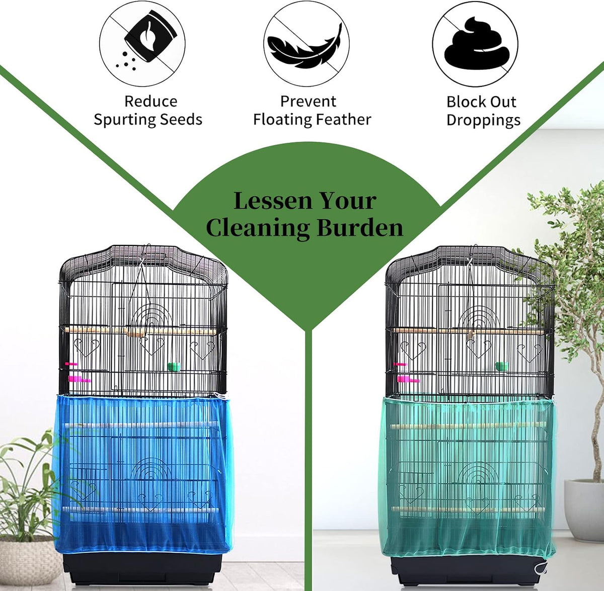 Daoeny 2Pcs Universal Bird Cage Cover, Adjustable Seed Feather Catcher, Soft Airy Nylon Mesh Parrot Net, Birdcage Cover Skirt Sheer Guard for Round Square Cages (Green+ Blue)