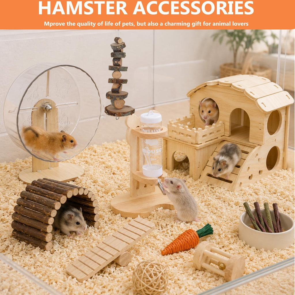 Hamster Cage Accessories, Silent Hamster Wheel, 16 Chew Toys Set, Maze Wood House and Water Bottle Set for Rat Mice Small Animals Habitat，Chewable Strings, Bell Drum, Seesaws, and Bridges (Foundation)