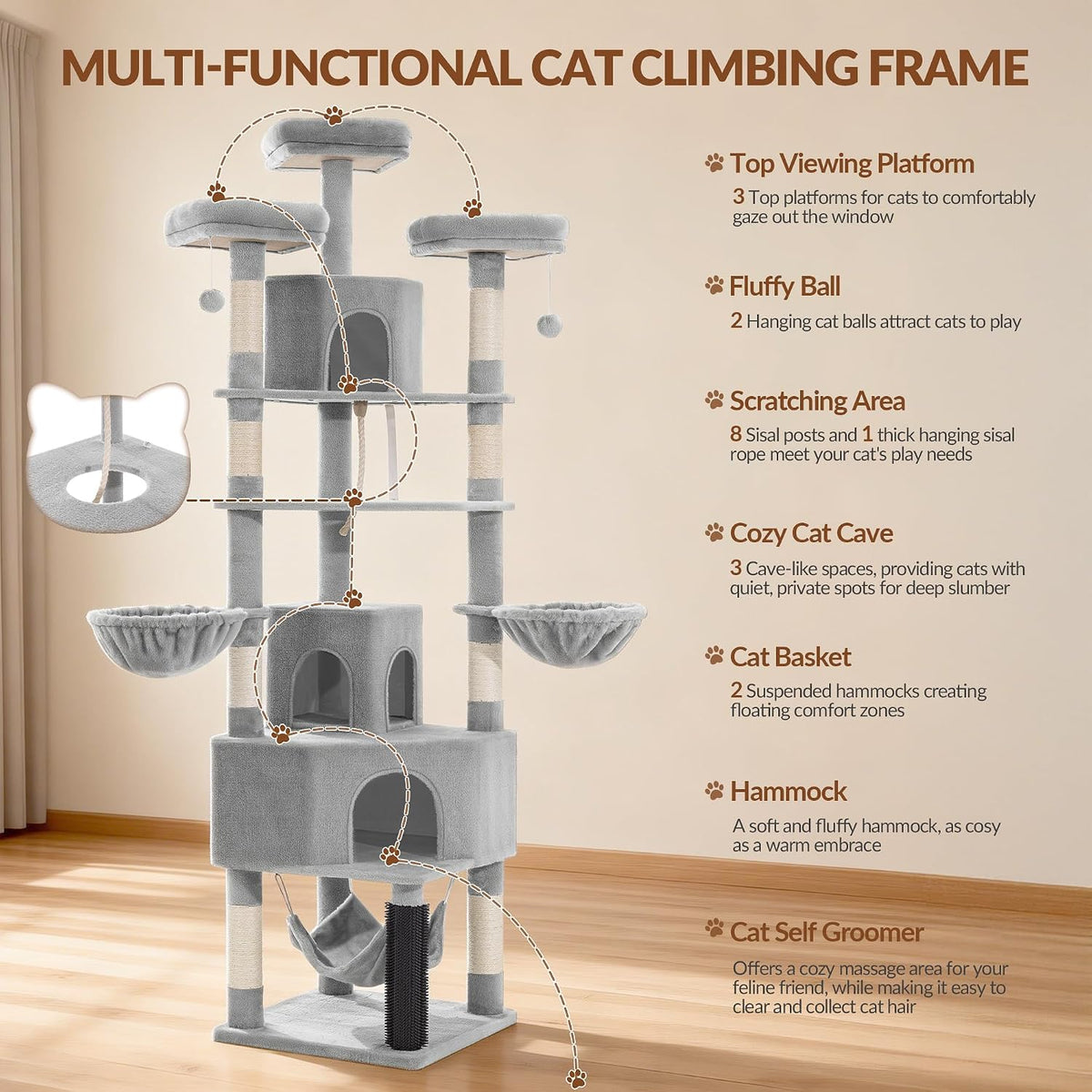 Cat Tower, 81.1in Cat Tree for Indoor Cats Large Adult Light Gray