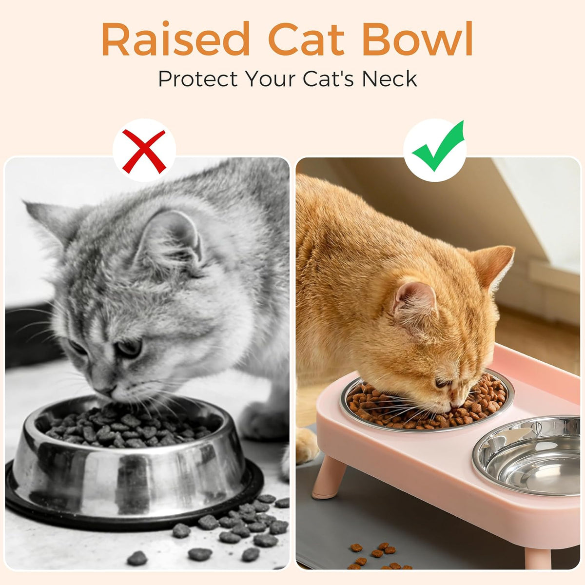 LoeJan Elevated Cat Bowls Set - Raised Cat Food and Water Bowl Set with Non Slip Stand - Pet Feeding Station with 2 Stainless Steel Bowls with Splash Proof Guard