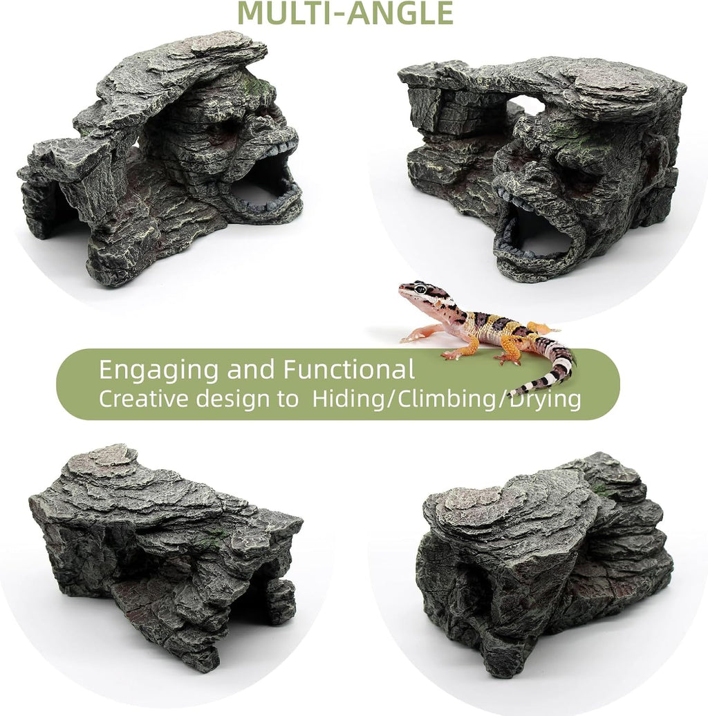 Gecko Hide Shale Scape Step Ledge, Reptile Rock Basking Platform Cave Hideout Tank Accessories Decorations, Great for Reptiles, Amphibians, Leopard Gecko, Snake, Lizard, Frogs, Turtle