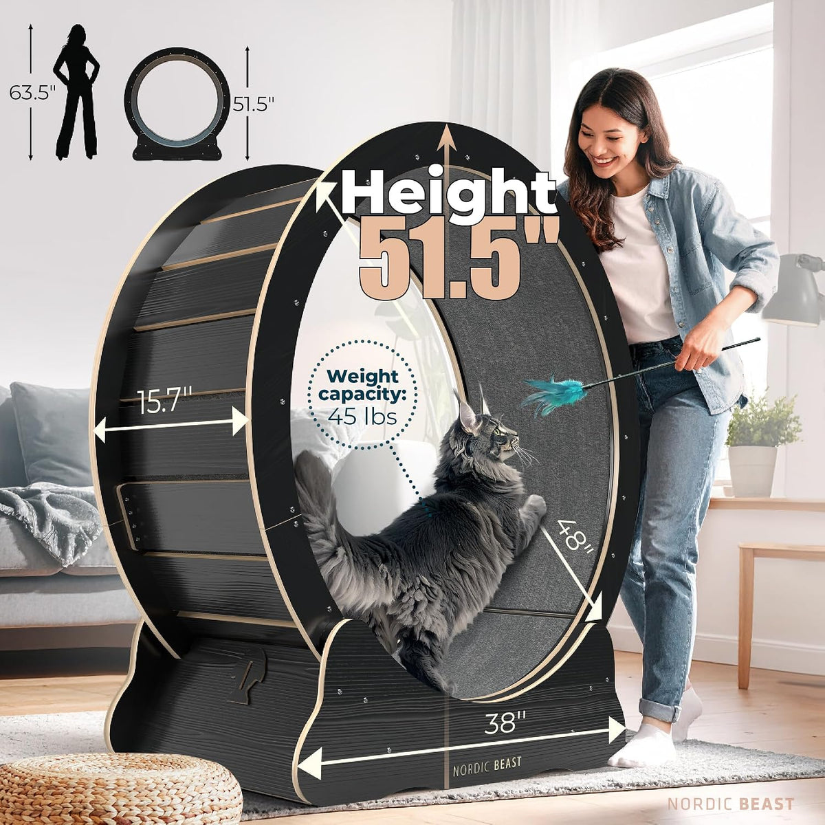 Nordic Beast 48'' XL Cat Wheel – Safe, Quiet & Stable Exercise Wheel for Large Indoor Cats up to 45 lbs – 15.7'' Extra-Wide Surface Fits 2 Cats Side by Side & Prevents Wobbling, 1-Year Warranty