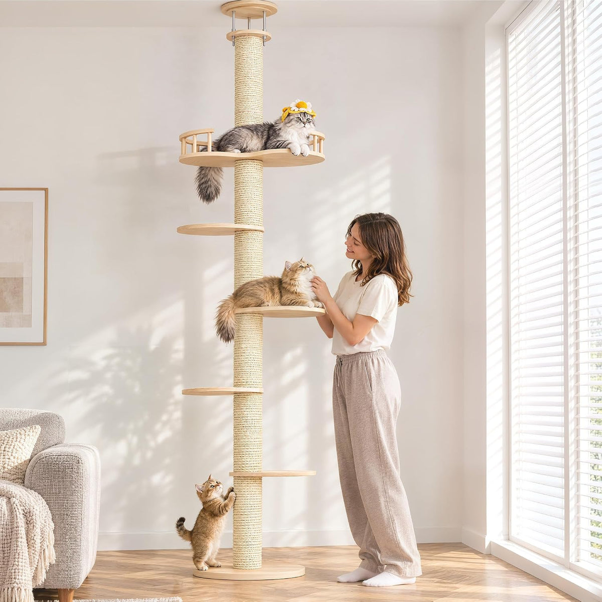 Floor to Ceiling Cat Tree, 80-94" Adjustable Wood Cat Tower, Beige