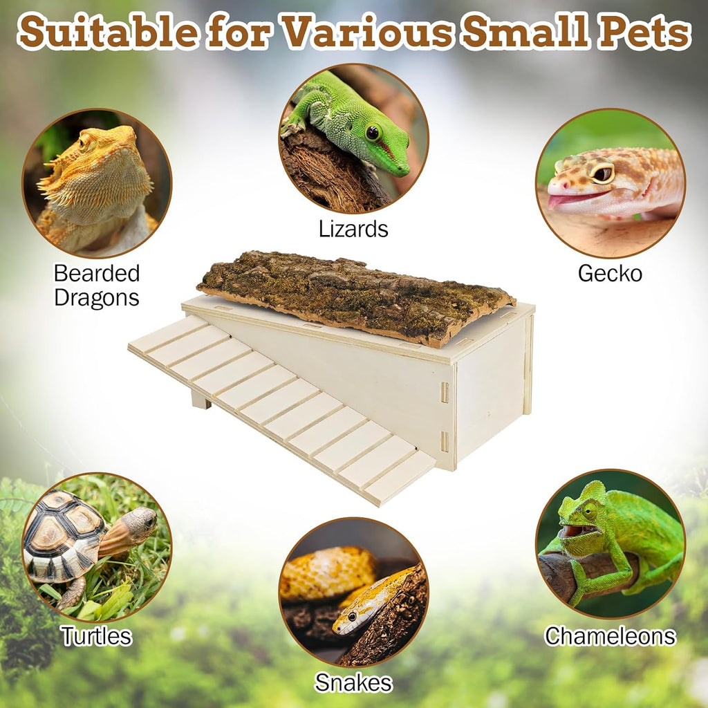 Bearded Dragon Basking Platform,Wood Reptile Hide Cave with Bark(L)