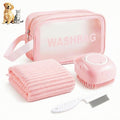 4PCS Dog Bath Kit & Dog Brush Kit for Dogs & Cats - Professional Pet Grooming Tools Set with Shedding Brush, Bath Scrubber, Dematting Comb & Storage Bag - Complete Dog Washing Essentials, Pink