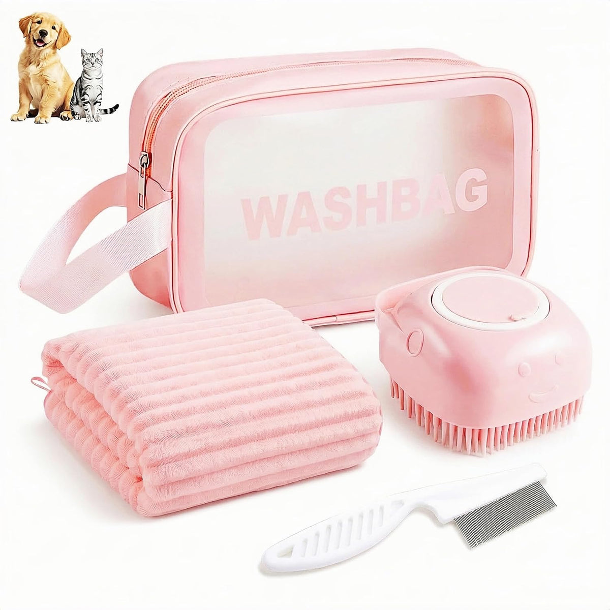 4PCS Dog Bath Kit & Dog Brush Kit for Dogs & Cats - Professional Pet Grooming Tools Set with Shedding Brush, Bath Scrubber, Dematting Comb & Storage Bag - Complete Dog Washing Essentials, Pink