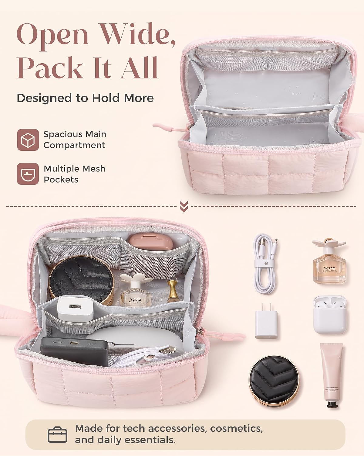 ProCase Travel Electronic Organizer Pouch, Puffy Tech Pouch -M, Pink