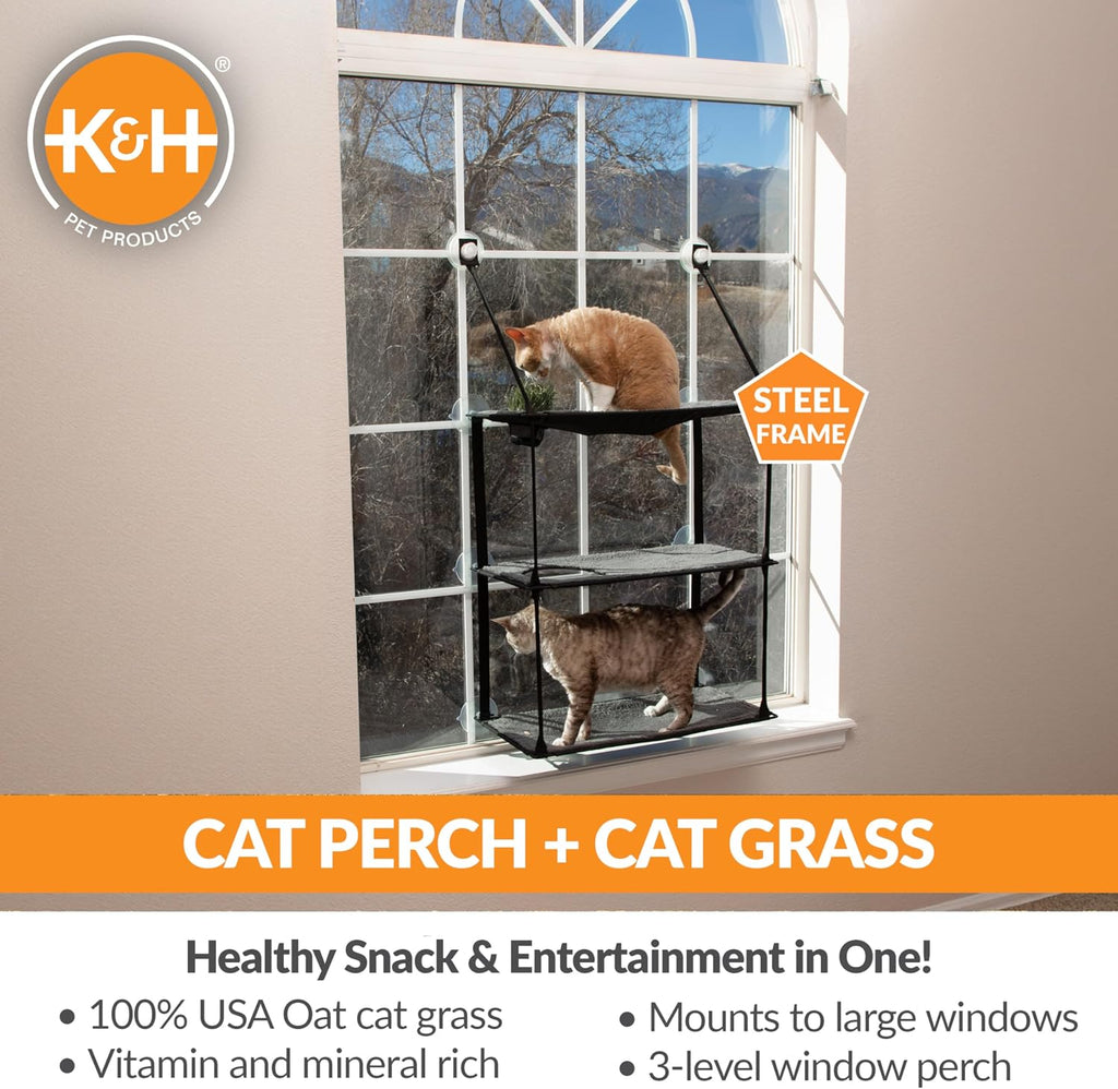 K&H Pet Products EZ Mount Window Kitty Sill Cat Perch with Cat Grass Grow Station Triple Stack Gray 23 X 12 Inches