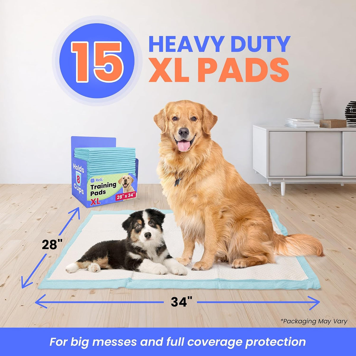 Reli. Puppy Potty Pads XL 15 Pack | Leak-Proof Dog Training