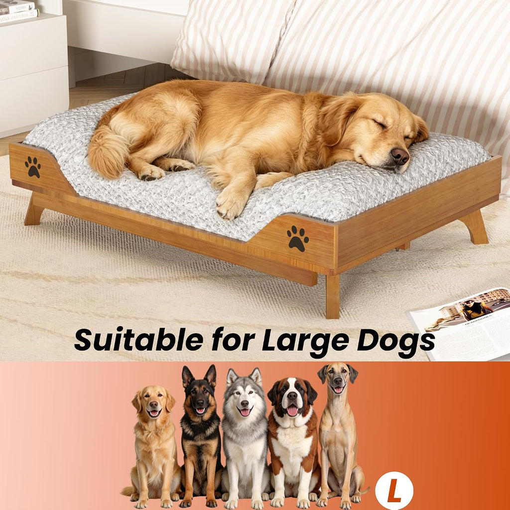 Elevated Dog Bed - Solid Wood Dog Bed Frame with Soft Cushion, Raised Dog Bed for Large Pets up to 150lbs, 36.6x24.8x7.9 in, Walnut