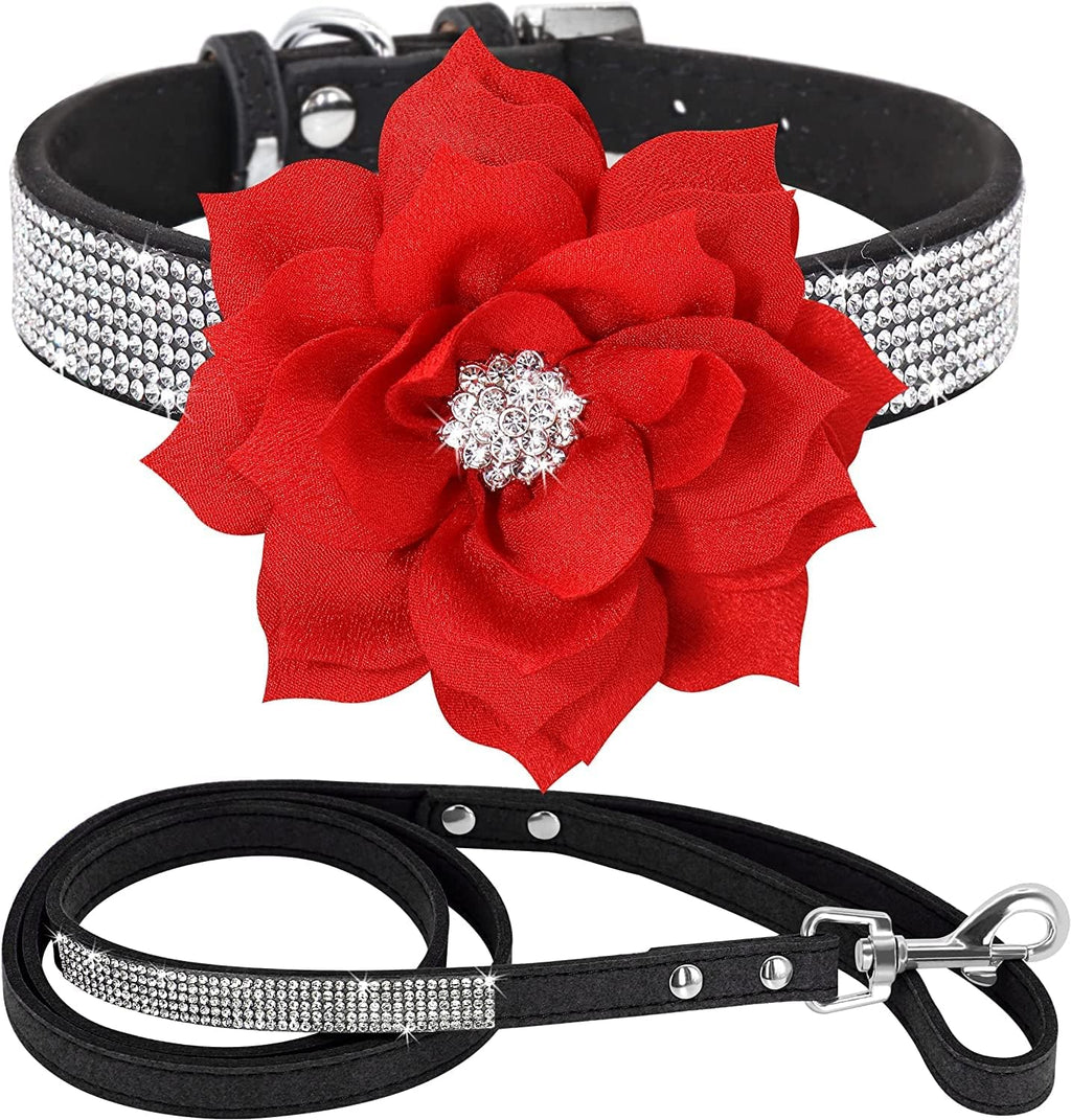 Serijoars Cute Dazzling Sparkling Elegant Fancy Soft Suede Leather Bling Rhinestone Crystal Jeweled Pet Cat Dog Puppy Collar Dog Leash Combo Set (XXS: Neck fit 5.8-8.2", Hot Pink2)