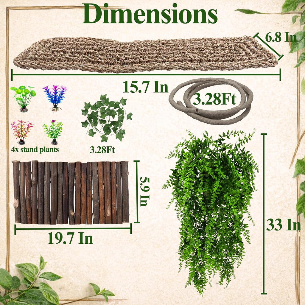 HERCOCCI Bearded Dragon Tank Accessories, 9Pcs Reptile Plants Vines Hammock Bridge Jungle Climber with Suction Cups Terrarium Habitat Décor for Snake Gecko Lizard Chameleon