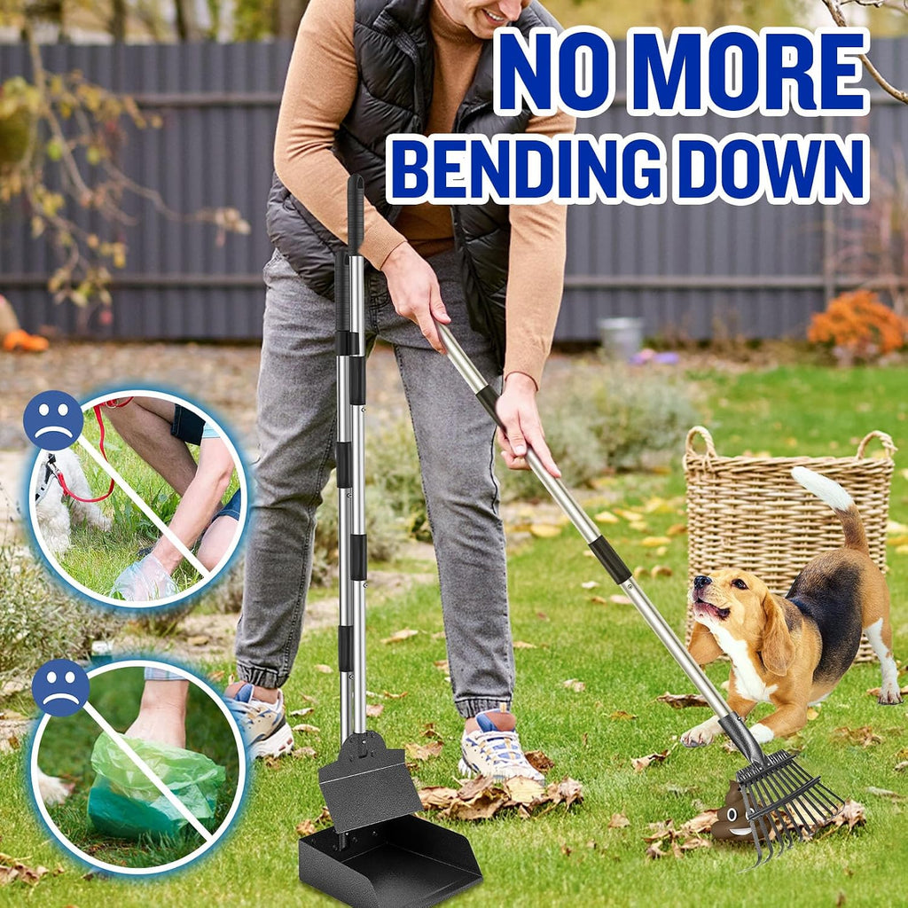 Dog Pooper Scooper, Tray Rake and Spade 3 Pack Poop Scoop Adjustable Long Handle Metal with Bin for Pet Waste Removal, No Bending Clean Up for Large and Small Dogs