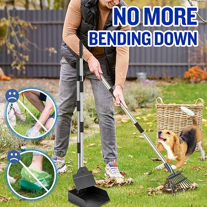 Dog Pooper Scooper, Tray Rake and Spade 3 Pack Poop Scoop Adjustable Long - Image 2