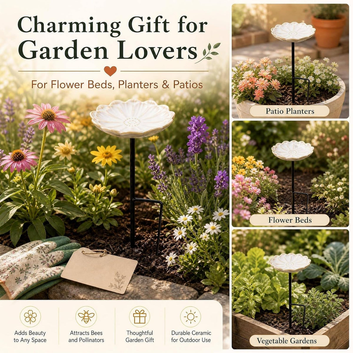 2 Pack Ceramic Bee Watering Station with Stake, Bee Bath for Garden (White)