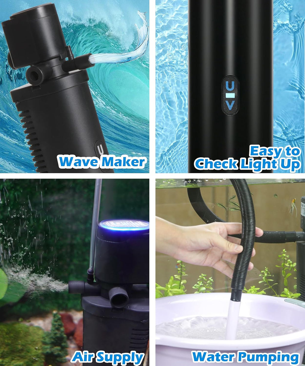 COOSPIDER Aquarium Filter with 6W U-V Light 158GPH for 10-45 Gallon Tank