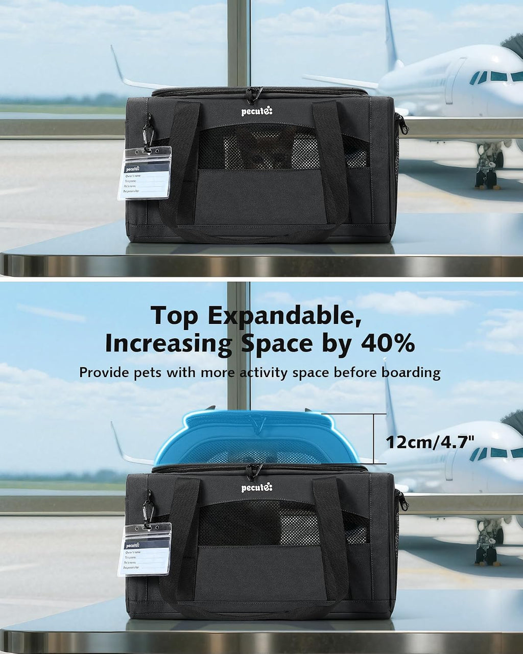 Pecute Top Expandable Airline Approved Pet Carrier for Cats, Dark Gray