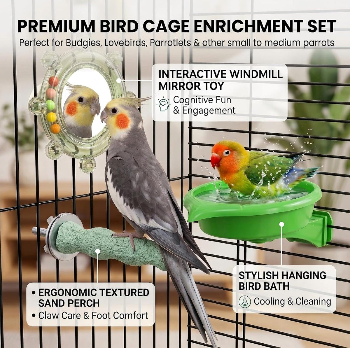 Bird Bath for Cage, Hanging Leaf Bird Bathtub with Easy Clean Detachable Basin, Parrot Cage Bath Bowl for Parakeets, Budgies, Cockatiels, Lovebirds & Small Birds, Bonus Mirror Toy & Grooming Perch