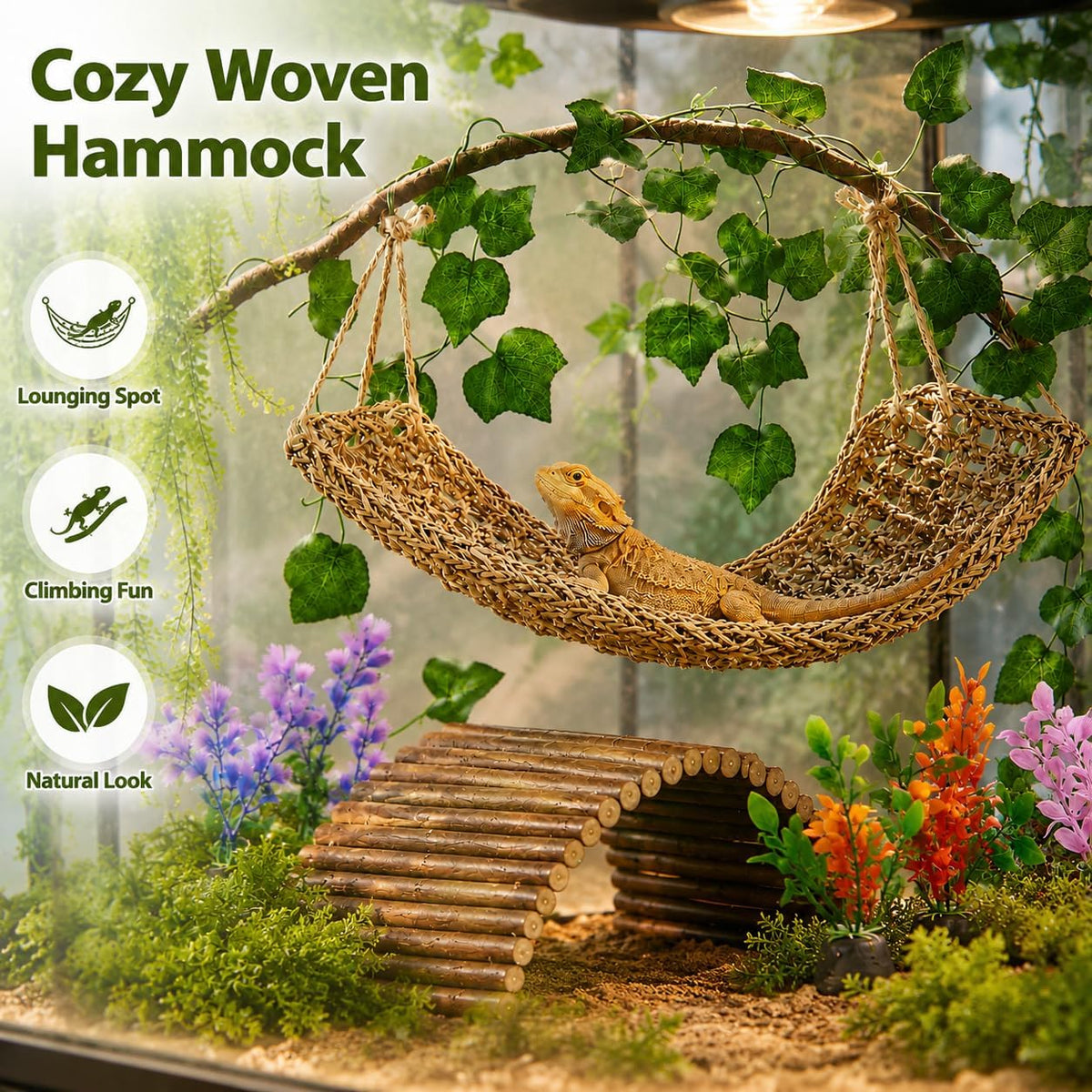 Bearded Dragon Tank Accessories, Reptile Mat Hammock Plants Bridge Jungle Climber Vines for Leopard Gecko Hermit Crab Lizard Snak (Bearded Dragon Tank Accessories (9 Piece))