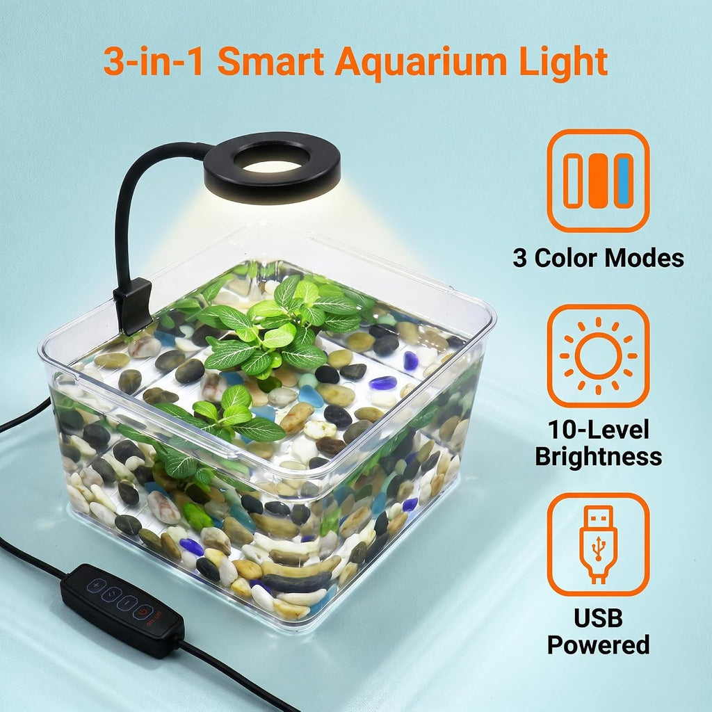 Small Aquarium Light Clip on Fish Tank Light LED USB Full Spectrum Light with Dimmer Multi-Color White+Blue+Red for 1-5 Gal Betta Tank (Adapter NoT Included, No Timer)