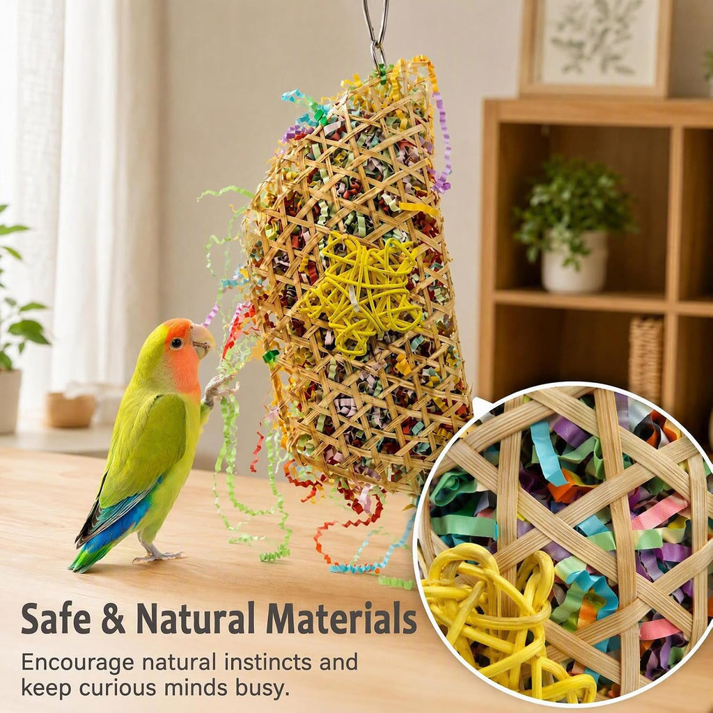 3 Pcs Bird Toy Set Calcium Stone Grind Block Shredder Paper Foraging Pouch 6 Ring Swing Chain Cage Accessories for Parrots Cockatiels Lovebirds Budgies
