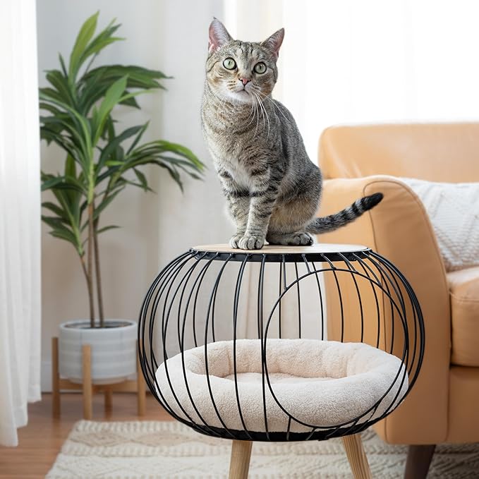 Kitty City Modern Cat Bed with Wooden Side Table, Elevated Indoor Cat Lounge - Image 4