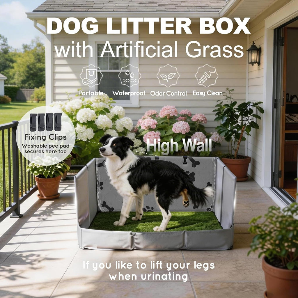 HQ4US 4LEGS Dog Litter Box High Walls Foldable with Grass Pad & Washable Pee Pad, Odor Free Artificial Grass for Dogs Potty Pad Holder Tray, Seamless, No Assembly, Waterproof, Easy Clean for Travel