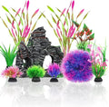 10pcs Aquarium Artificial Plastic Plants Decorations and Rock Cave Decor Set by QUOZUO