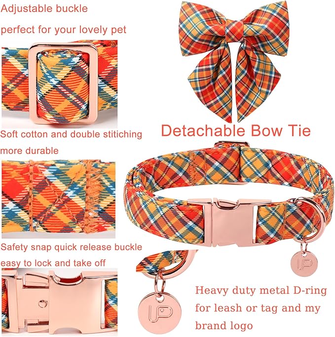 Autumn Plaid Dog Collar and Bow Tie Set – Orange Yellow Checkered Adjustable - Image 2