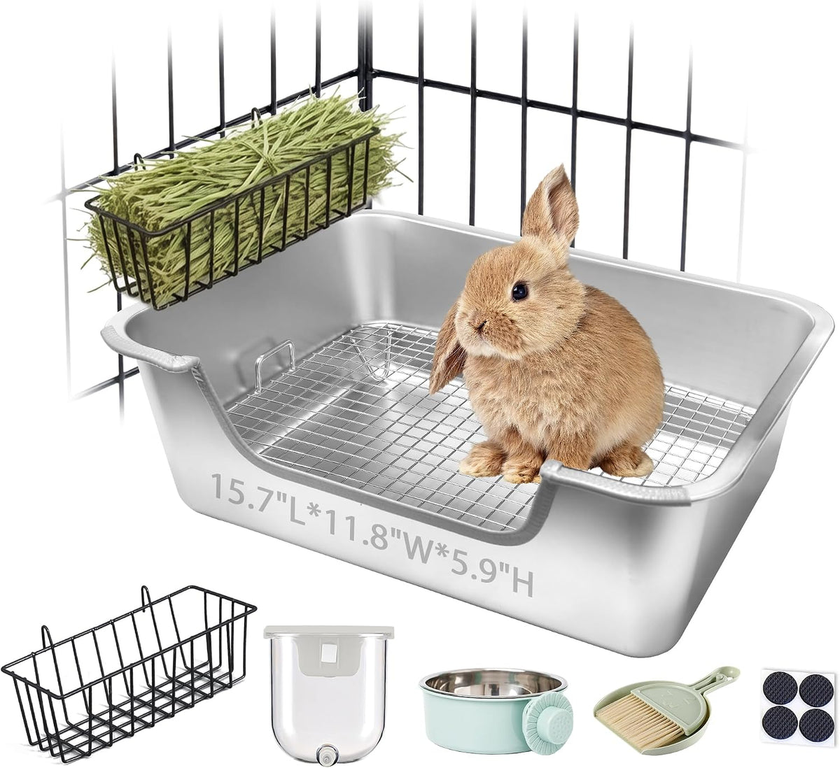 Stainless Steel Rabbit Litter Box with Hay Feeder Set for Guinea Pig