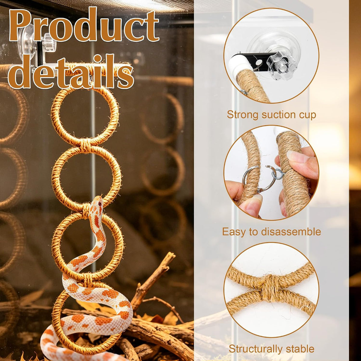 Reptile Climbing Rings 2-Pack, Suction Cup Mounted Tank Decor for Snakes, Bearded Dragons, and Lizards, Habitat Enrichment Accessory