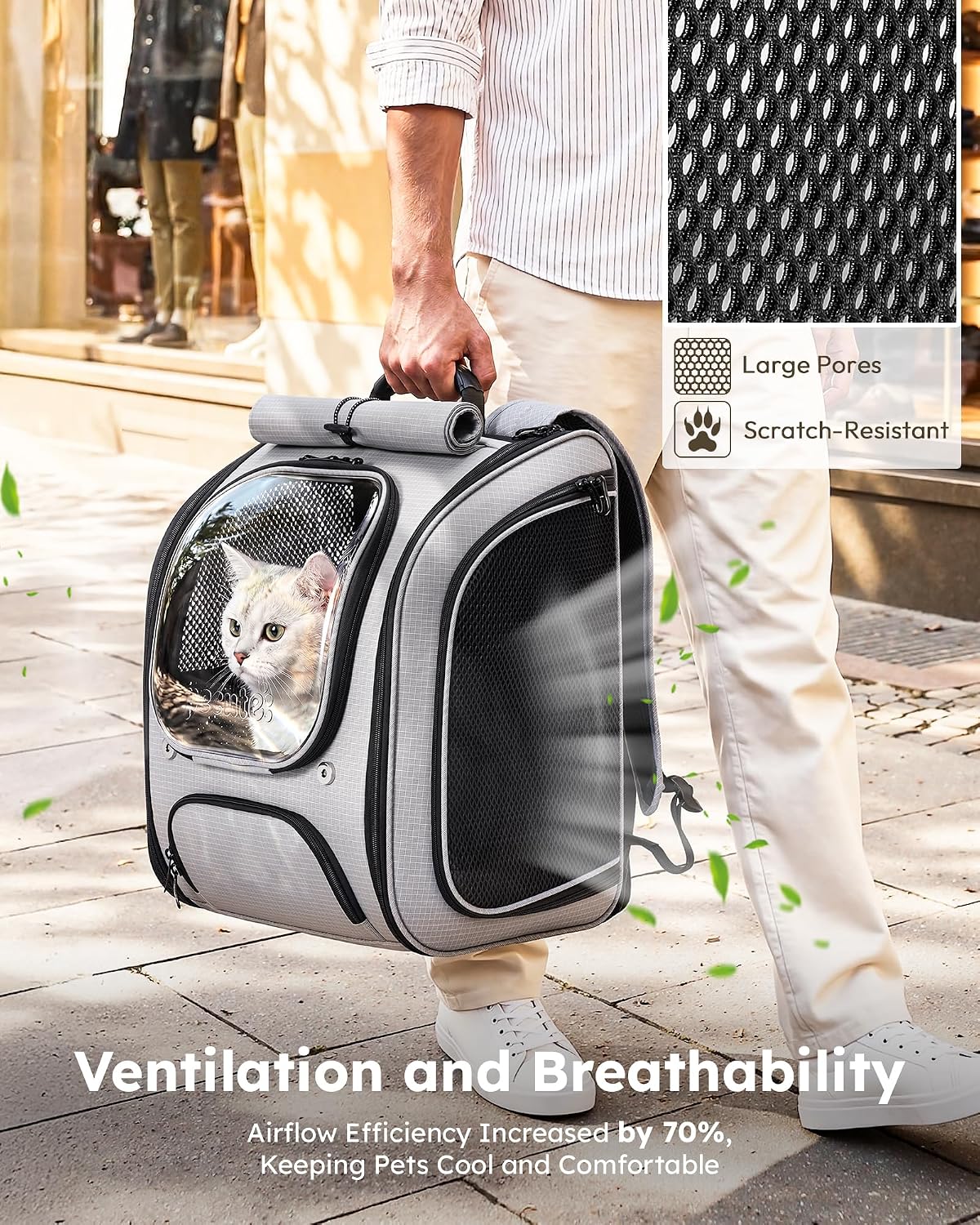 Pecute Cat Backpack Carrier,TPU Leather Dog Backpack,Ergonomic,Light Gray