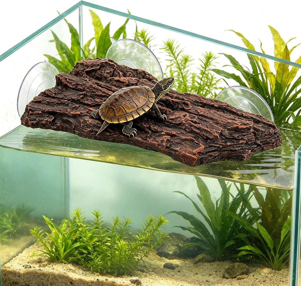 Turtle Basking Platform, Resin Bark‑Textured Turtle Dock with 3 Suction